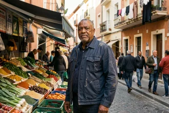 Commerçant du marché de rue dans le quartier nord de Marseille, entouré d'étals de fruits et légumes colorés