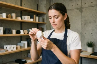 Conceptrice examinant un objet imprimé en 3D dans un studio de design moderne avec des prototypes en arrière-plan