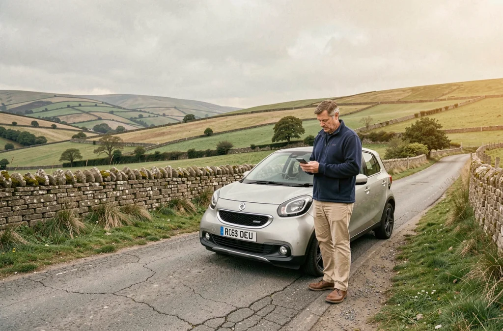 Conducteur consultant son téléphone à côté de son SUV électrique sur une route de campagne, gérant l'autonomie hors des zones urbaines