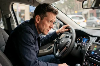 Conducteur examinant les voyants allumés sur le tableau de bord d'une voiture moderne