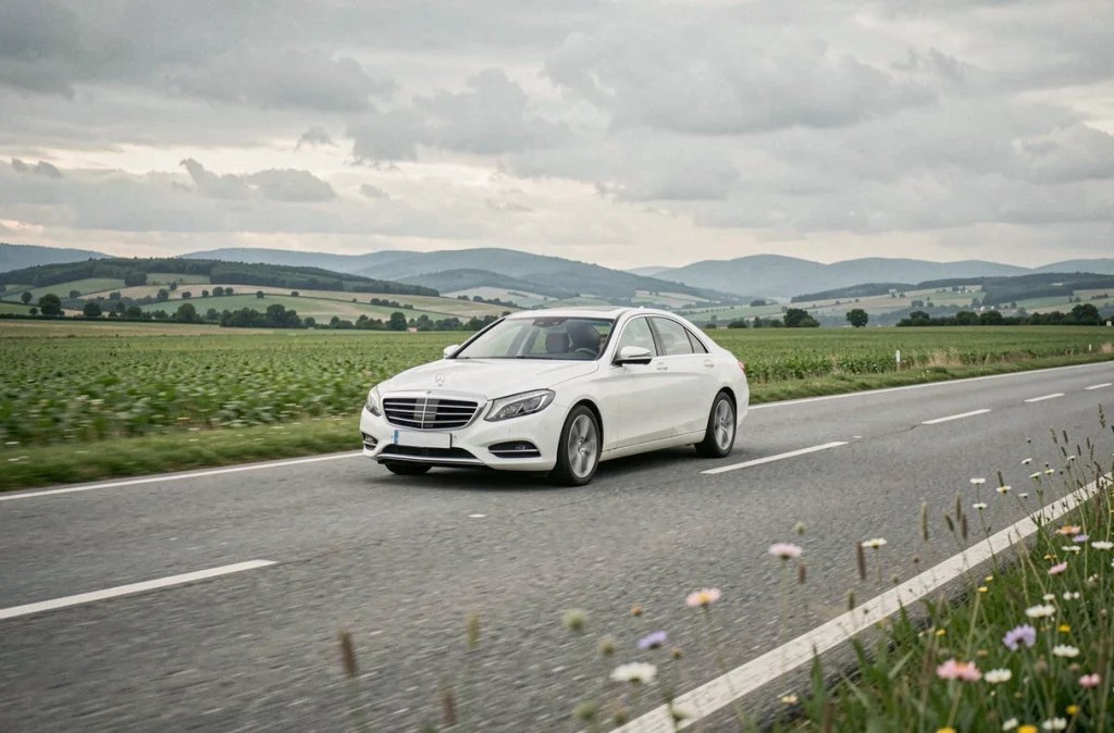Voiture roulant à vitesse modérée sur une route de campagne pour optimiser la consommation de carburant