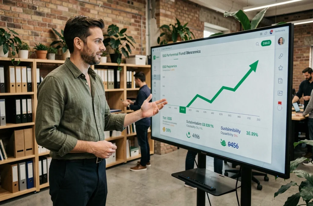 Conseiller financier présentant des indicateurs ESG et fonds durables sur un écran interactif en espace de coworking