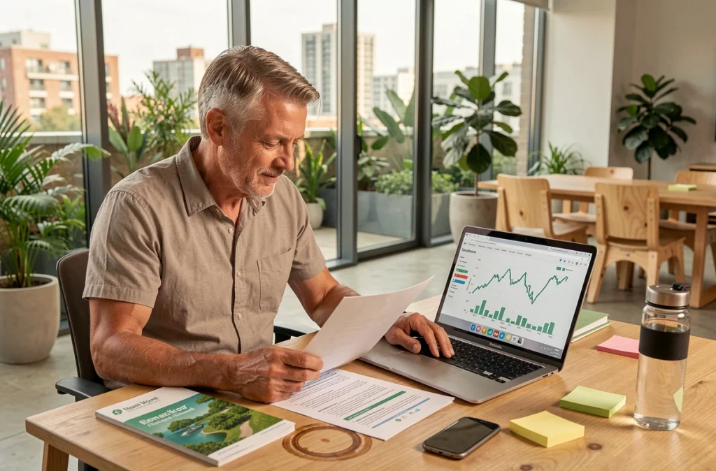 Consultant en développement durable analysant des données sur l'empreinte écologique du stockage cloud dans un bureau moderne avec vue sur toiture végétalisée