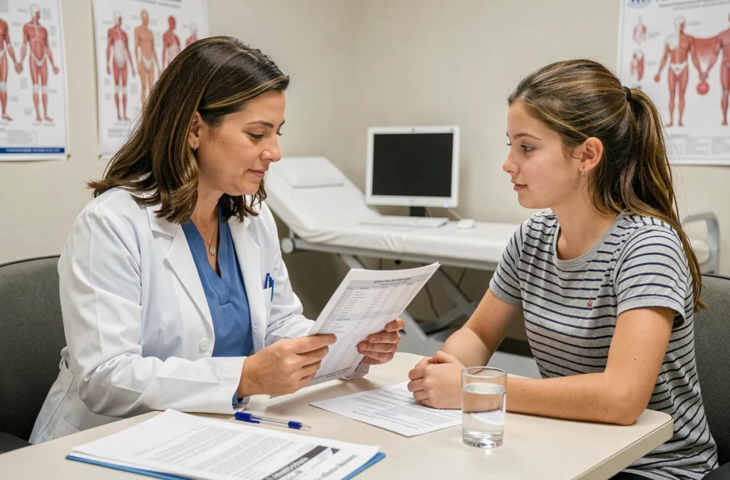 Consultation médicale entre une adolescente et une médecin examinant des résultats d'analyse de sang pour diagnostiquer une carence en fer