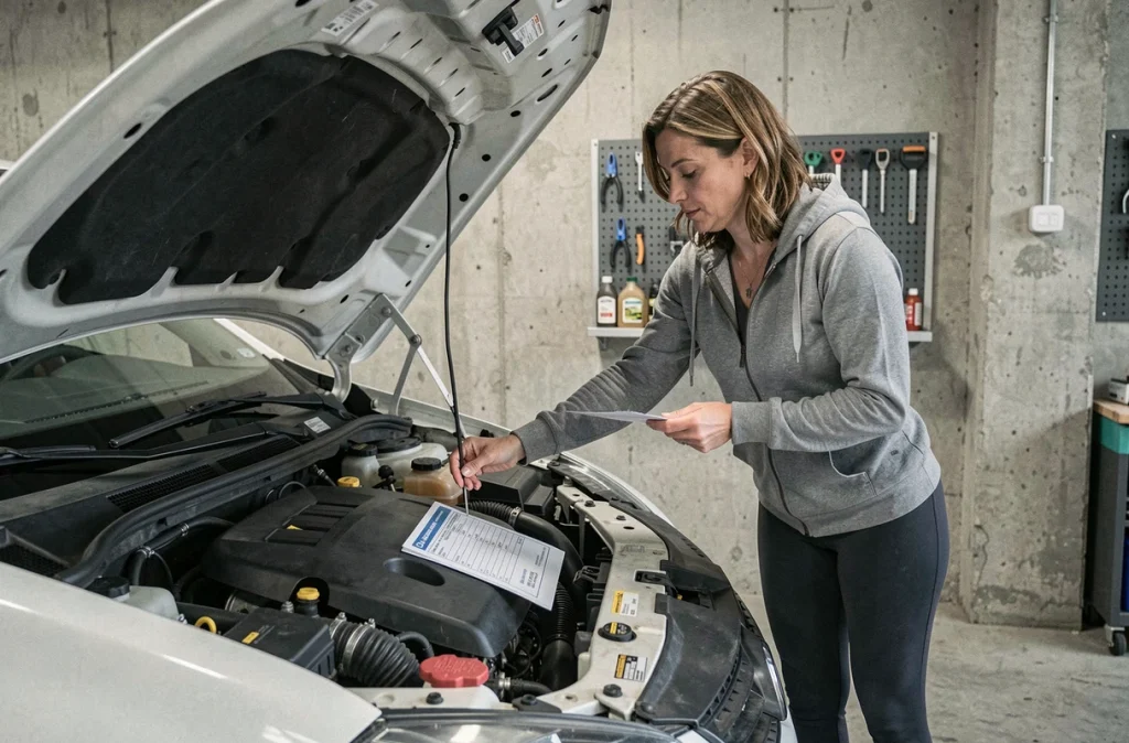 Femme inspectant le niveau d'huile moteur avant un grand voyage en voiture