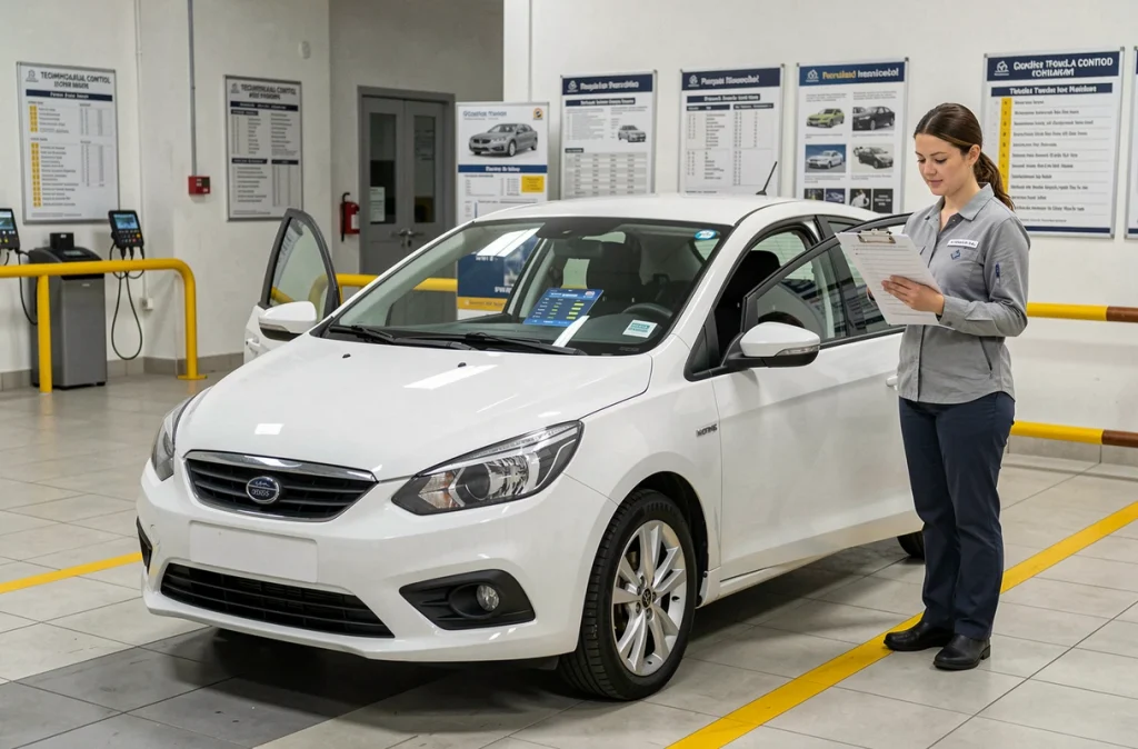 Technicienne contrôlant les données du scanner OBD2 lors d'un contrôle technique d'un véhicule