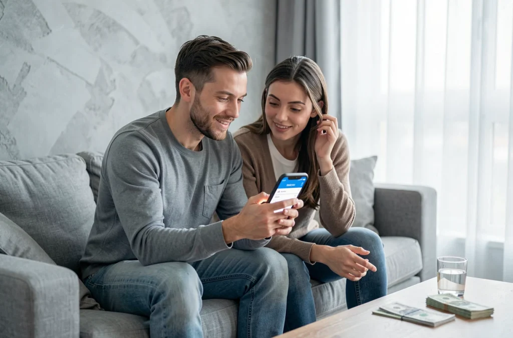 Couple consultant une application bancaire sur smartphone pour optimiser et réduire leurs frais bancaires mensuels