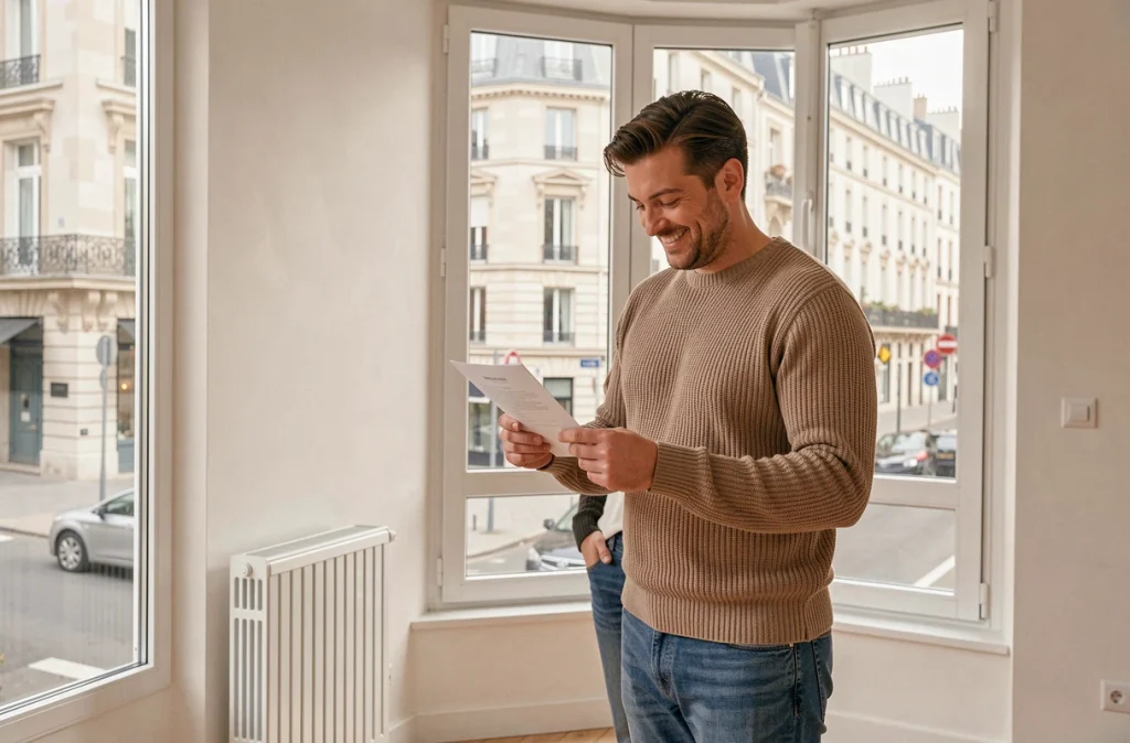 Couple examinant le bilan énergétique de leur appartement ancien après travaux de rénovation