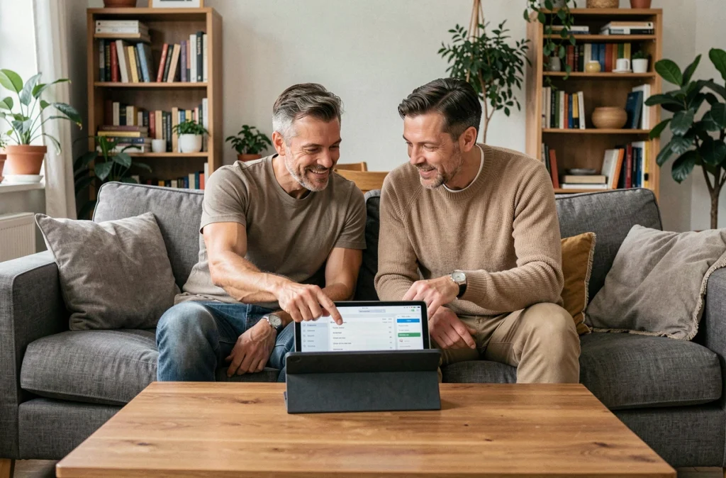 Couple consultant ensemble une application de budget familial sur une tablette dans leur salon