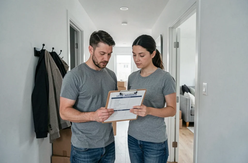 Couple vérifiant une liste de points essentiels avant de souscrire une assurance habitation
