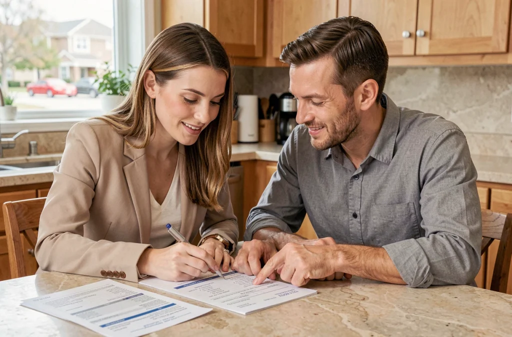 Couple qui examine ensemble les documents nécessaires pour constituer un dossier de crédit immobilier à la maison