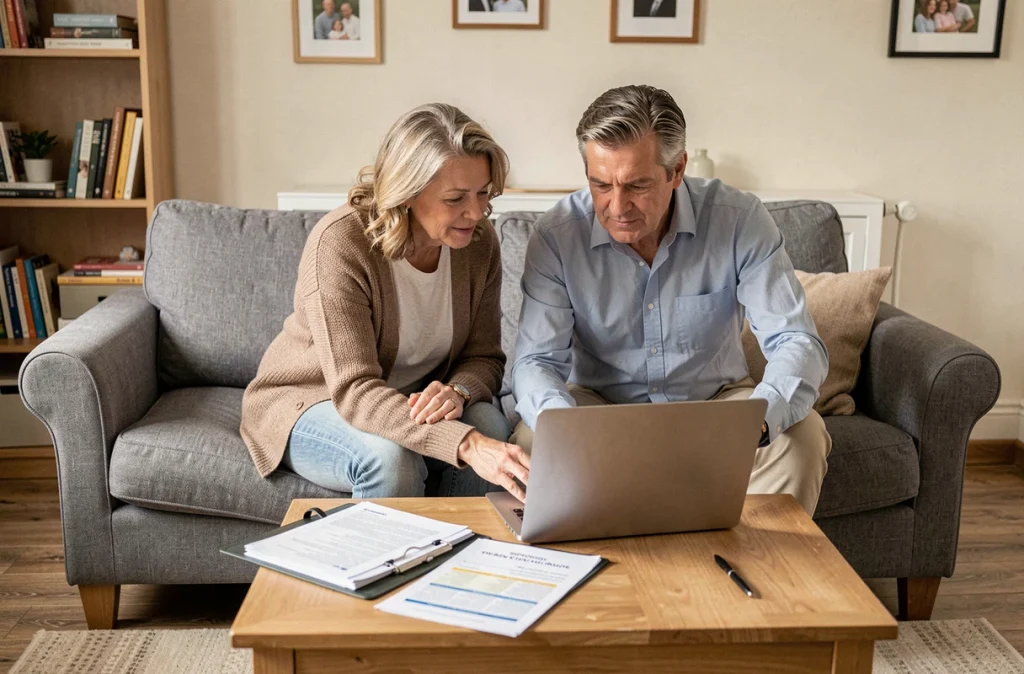 Couple gérant ensemble leur mensualisation d'impôts sur un canapé avec des documents fiscaux sur la table basse