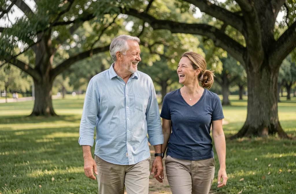 Couple de quinquagénaires marchant ensemble dans un parc verdoyant, la marche en duo comme habitude quotidienne favorable à la santé du cœur