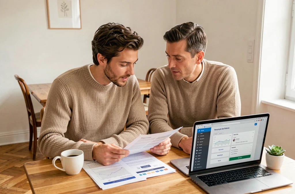 Couple consultant des brochures de placements responsables et une interface d'épargne durable dans un appartement parisien
