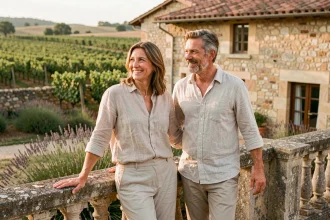 Couple souriant sur la terrasse en pierre d'une maison de campagne provençale avec vue sur les vignes, illustrant le marché des résidences secondaires en France