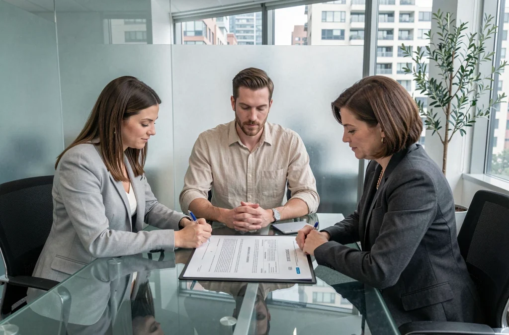 Couple signant un compromis de vente immobilière avec une notaire dans un cabinet moderne et lumineux