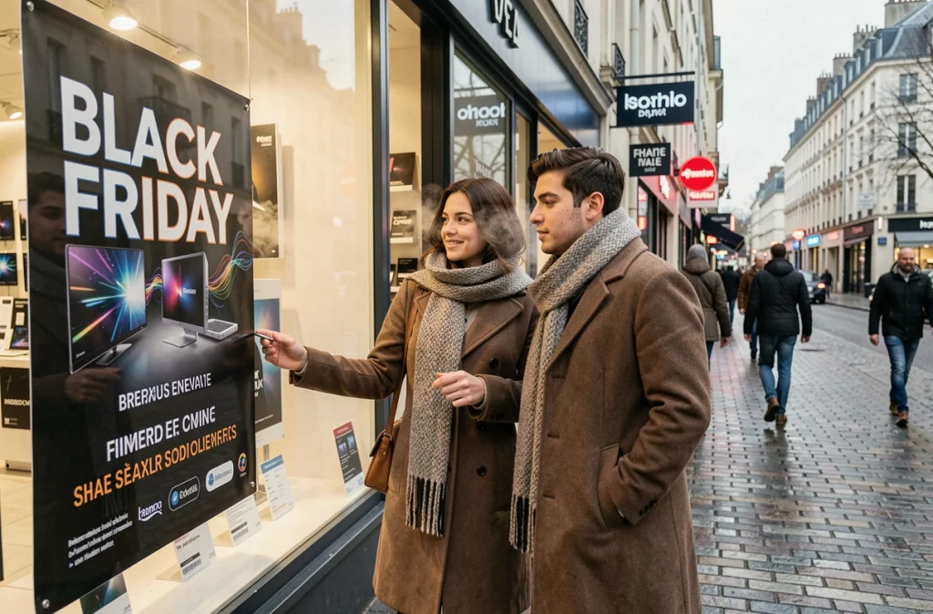 Couple observant les promotions Black Friday 2026 devant une enseigne d'électronique dans une rue commerçante française