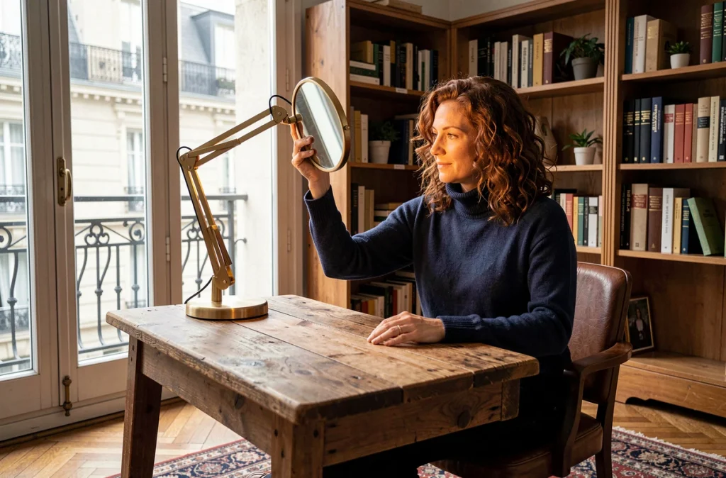 Femme dans un bureau à domicile haussmannien utilisant un miroir pour optimiser la lumière naturelle près d'une fenêtre française