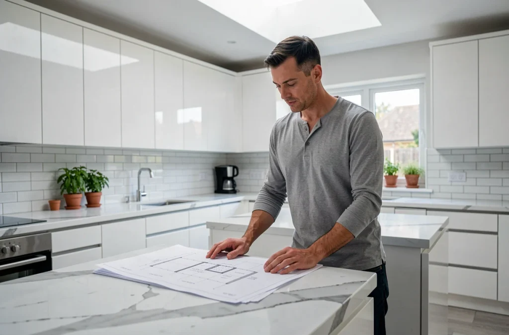 Homme dans une cuisine moderne avec verrière zénithale optimisant la lumière naturelle sur un plan de travail en marbre