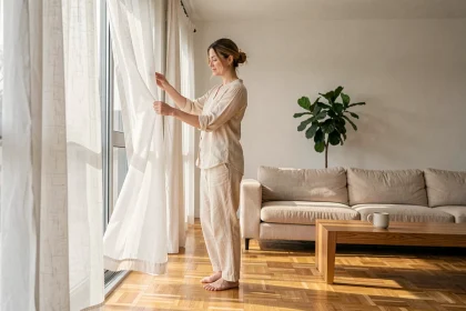 Femme ajustant des rideaux en lin dans un salon lumineux avec grandes fenêtres pour optimiser l'éclairage naturel
