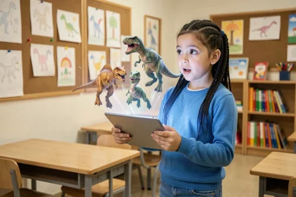 Une jeune fille émerveillée utilisant une application éducative de réalité augmentée sur tablette en classe, avec des dinosaures 3D apparaissant au-dessus de l'écran
