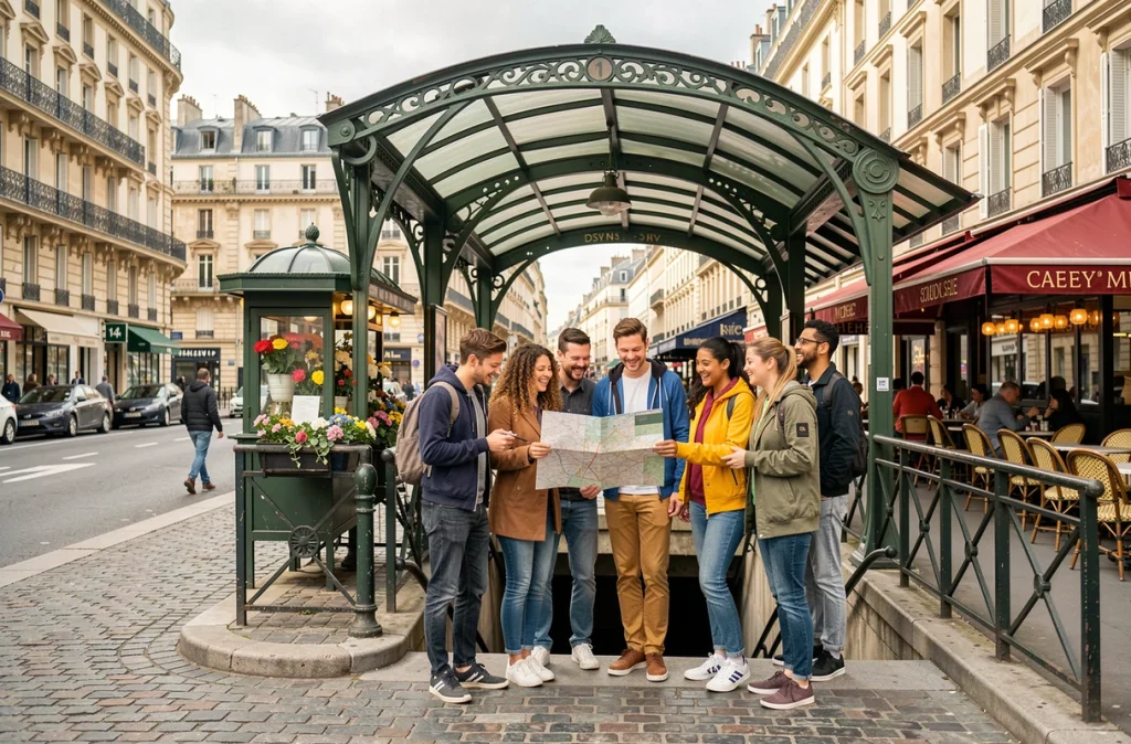Entrée de métro ligne 14 à Paris avec des amis consultant un plan et une terrasse de brasserie en arrière-plan