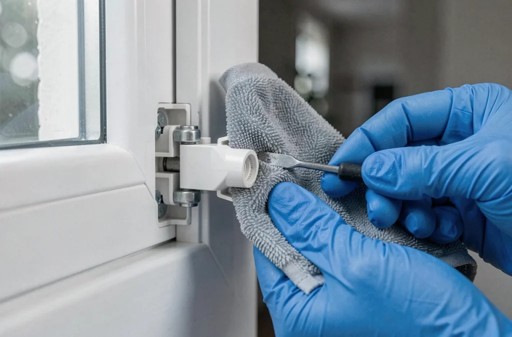 Gros plan sur le réglage et le nettoyage d'une charnière de fenêtre PVC avec un tournevis et un chiffon microfibre pour l'entretien