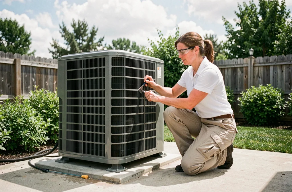 Technicienne entretenant l'unité extérieure d'un climatiseur sur une terrasse de maison individuelle