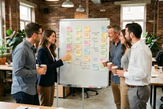 Équipe de PME pratiquant le management agile autour d'un tableau kanban en open space moderne