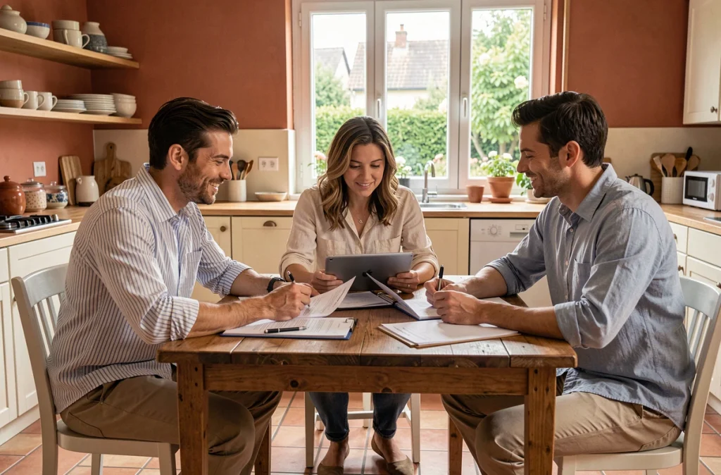 Équipe de professionnels en réunion informelle à domicile autour d'une table, symbolisant la transformation de l'organisation interne en télétravail