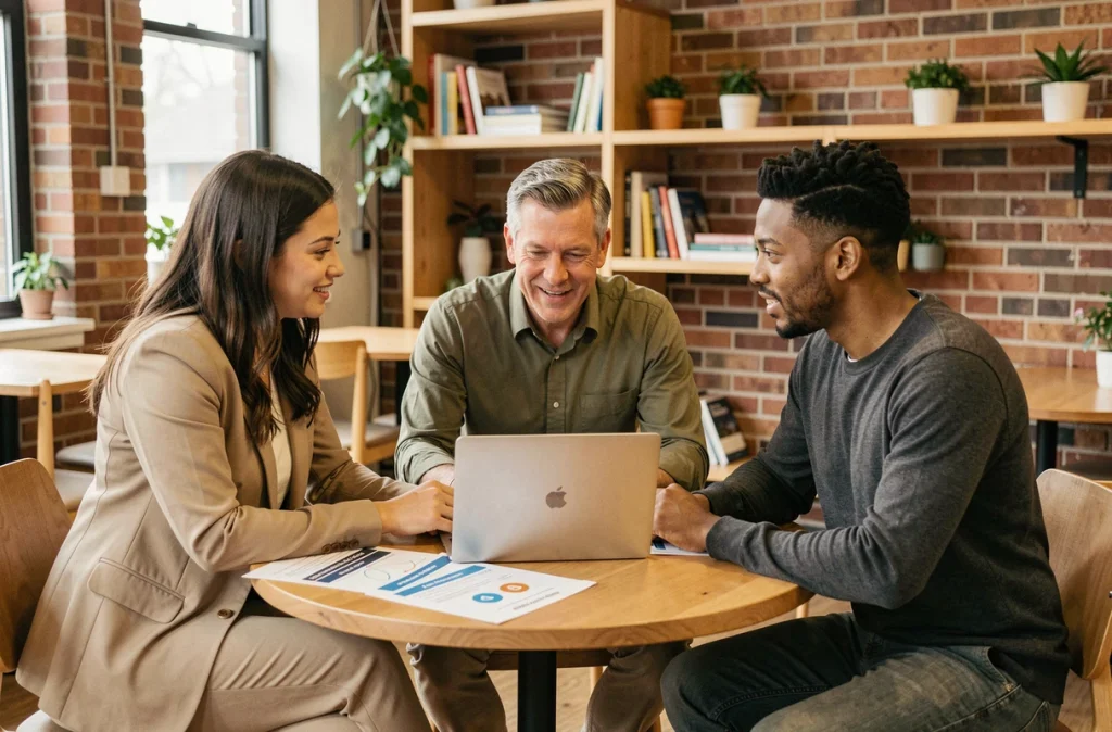 Une équipe RH diversifiée collabore autour de rapports d'évaluation des performances générés par intelligence artificielle dans un espace de travail moderne