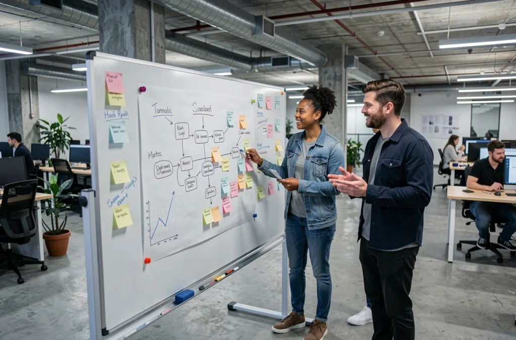 Équipe de startup collaborative devant un tableau blanc avec roadmap et post-its pour préparer une levée de fonds en 2024