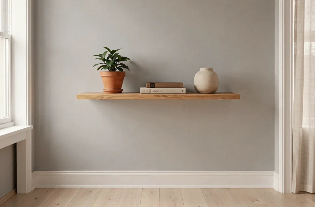 Étagère murale en bois bien fixée sur une cloison grise sans dommages visibles, décorée avec des livres et une plante