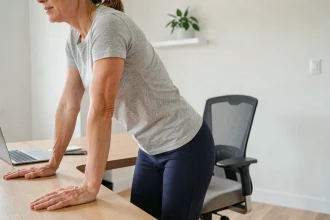 Femme pratiquant un étirement du bas du dos à son bureau à domicile pour prévenir le mal de dos