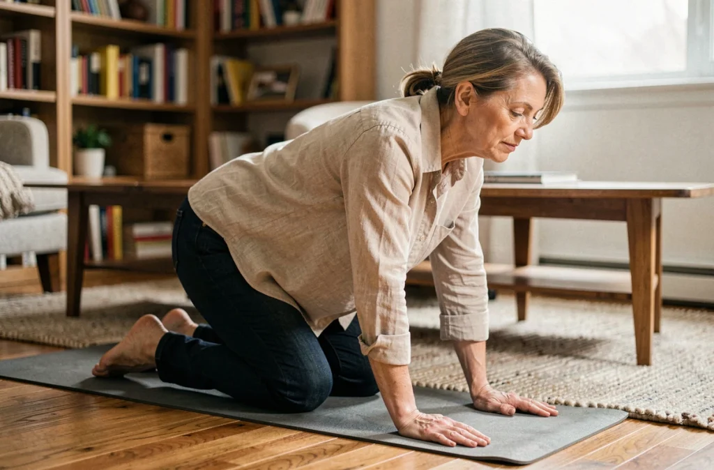 Femme réalisant un exercice de mobilité vertébrale sur tapis de yoga à domicile pour soulager et prévenir le mal de dos