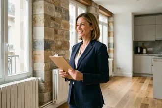Experte immobilière évaluant un appartement ancien rénové avec double vitrage et parquet chêne neuf