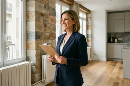 Experte immobilière évaluant un appartement ancien rénové avec double vitrage et parquet chêne neuf