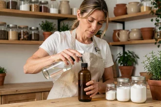 Femme préparant un produit ménager écologique maison avec du vinaigre blanc, du bicarbonate de soude et de l'acide citrique sur un plan de travail en bois
