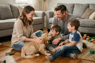 Une famille de quatre personnes réunie sur le parquet du salon autour d'un chiot golden retriever, tous souriants dans une atmosphère chaleureuse et authentique