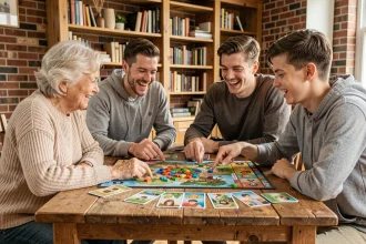 Famille multigénérationnelle réunie autour d'un jeu de société moderne sur une table en bois dans un salon chaleureux