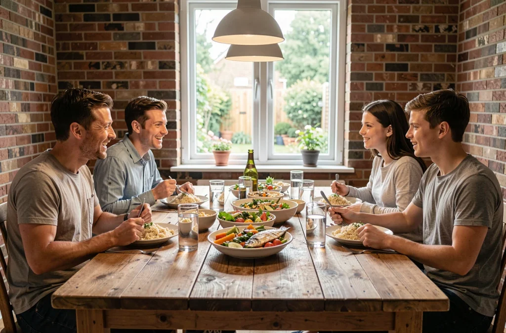 Famille réunie autour d'un repas équilibré fait maison avec légumes, poisson et céréales