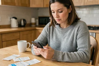 Femme utilisant une application mobile de gestion du budget familial sur son smartphone dans une cuisine moderne