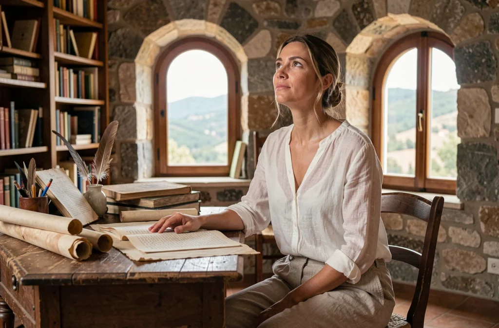 Femme artiste inspirée écrivant sur des parchemins dans une étude en pierre avec vue méditerranéenne, symbolisant la muse poétique d'Apollon