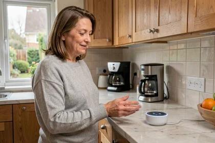 Femme utilisant un assistant vocal dans sa cuisine moderne, illustrant l'adoption des enceintes connectées dans les foyers français