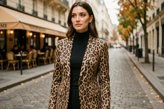 Femme portant un blazer imprimé léopard tendance dans une rue pavée parisienne en automne