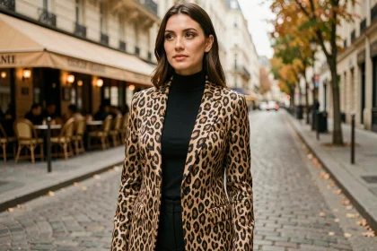 Femme portant un blazer imprimé léopard tendance dans une rue pavée parisienne en automne