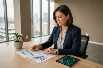 Femme cadre analysant des graphiques de placements responsables et durables dans un bureau moderne à Paris