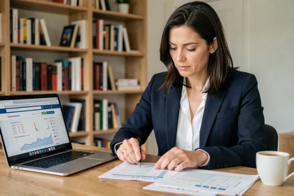 Femme consultant des documents financiers pour comparer crédit renouvelable et prêt personnel à son bureau