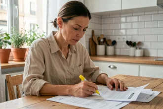 Femme qui compare des contrats d'assurance habitation à la table de sa cuisine