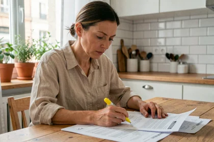Femme qui compare des contrats d'assurance habitation à la table de sa cuisine